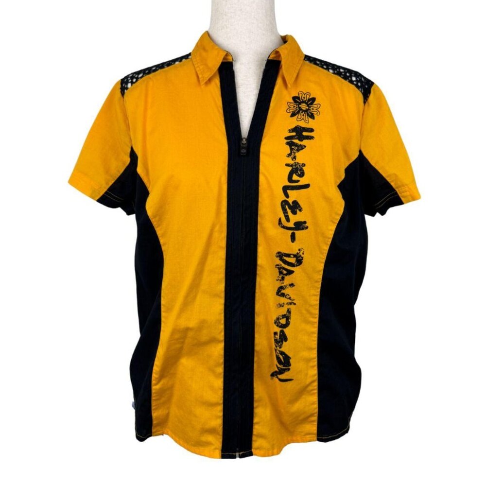 Harley-Davidson Women’s Yellow Black Mesh Panel Zip Shirt Size L
